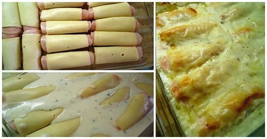 Titelbild für Hähnchenrouladen in Sahnesoße mit Schinken und Käse überbacken