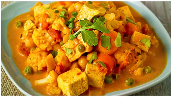 Titelbild für Thaicurry mit Hähnchen, Süßkartoffeln, Paprika, Zucchini, Champignons, Zuckererbsen und Tomaten