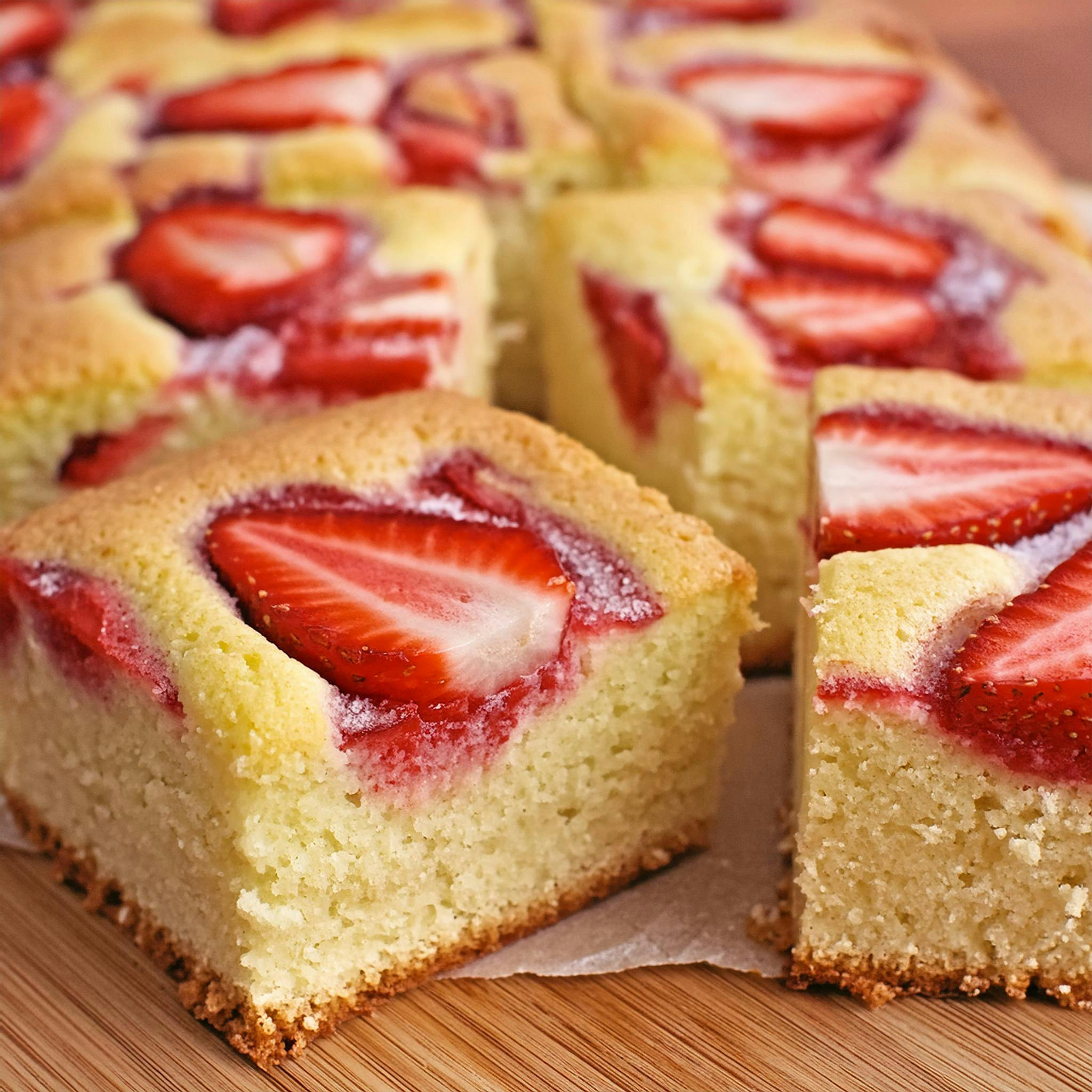 Titelbild für Erdbeer Biskuitkuchen in 10 Minuten im Ofen – ein Tassenrezept